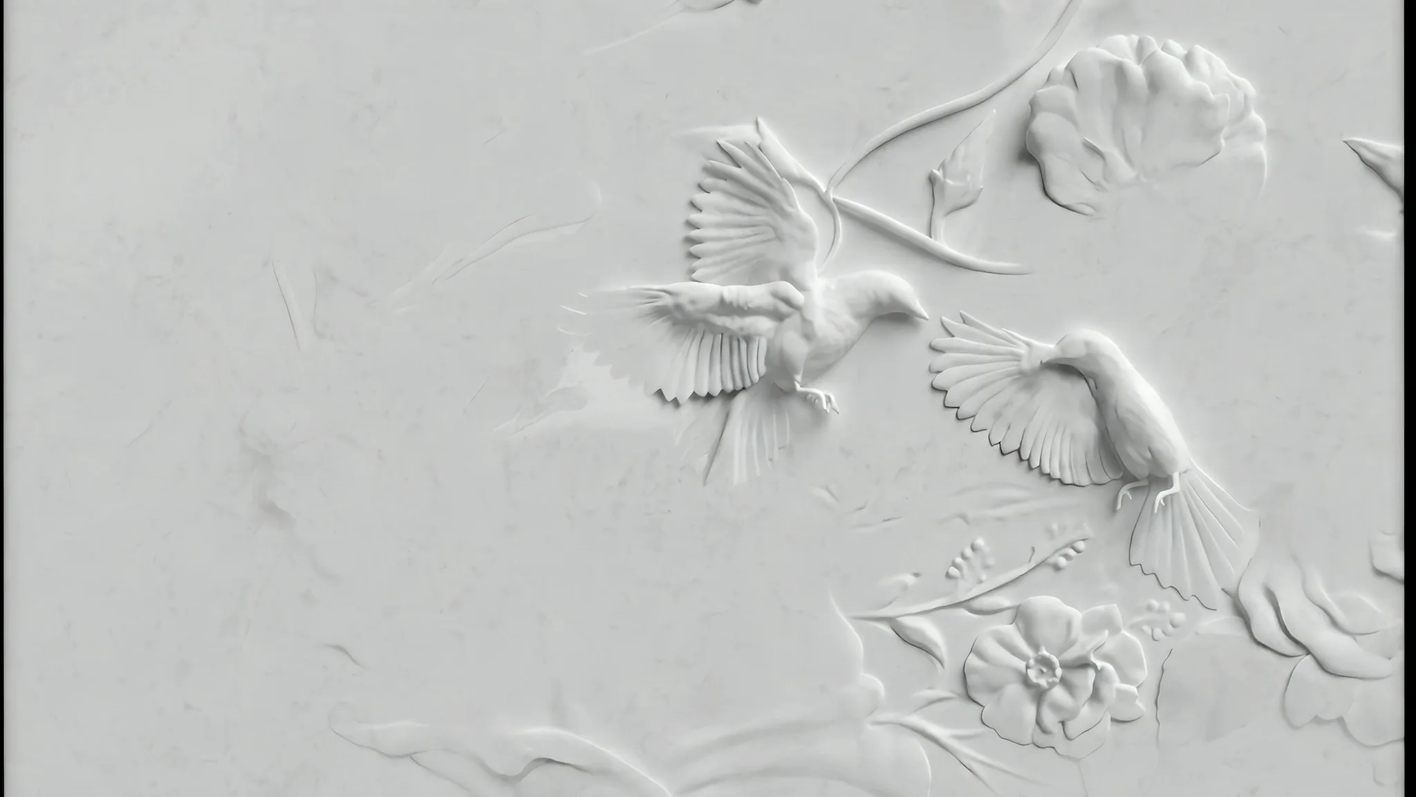 Bas-relief sculpture of birds and flowers in cream plaster